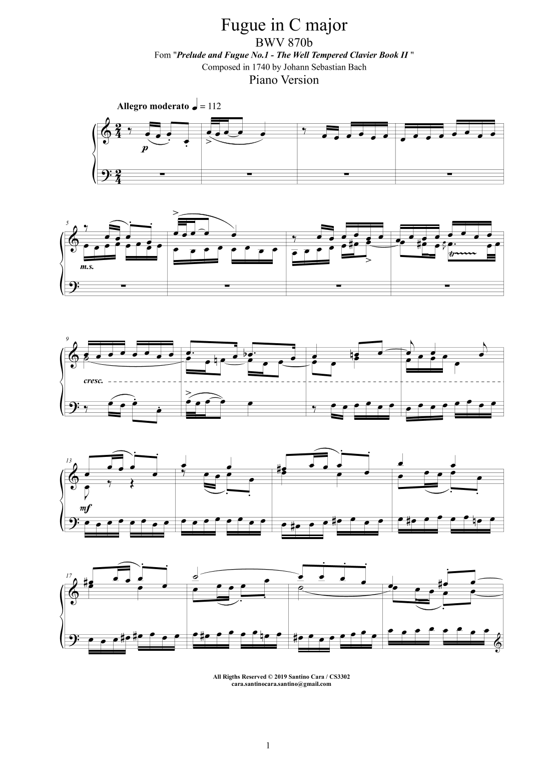 Bach - Fugue in C major BWV 870b - Piano version (arr. Santino Cara)