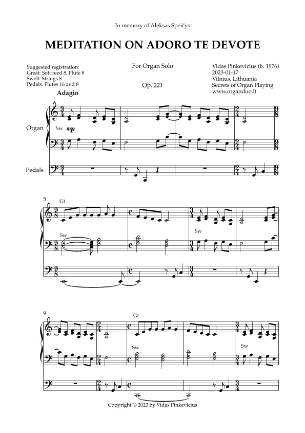 Meditation on Adoro te devote, Op. 221 (Organ Solo) by Vidas Pinkevicius