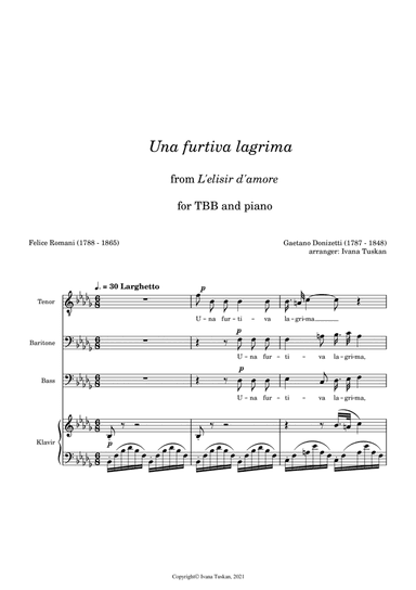 Una furtiva lagrima, for TBB a cappella, B flat minor (arr. Ivana Tuskan)
