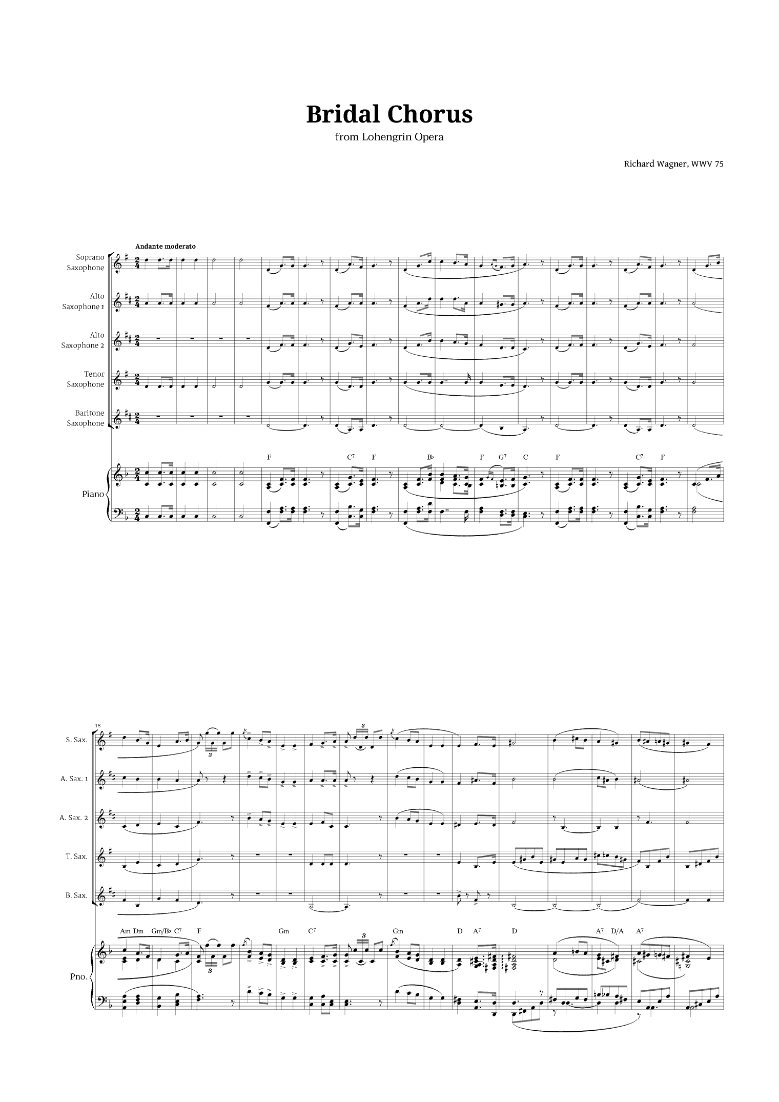 Bridal Chorus by Wagner for Sax Quintet and Piano with Chords (arr. Langanho)