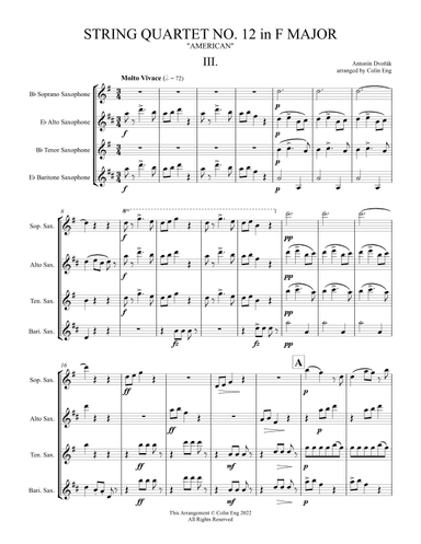 String Quartet No. 12 in F Major, "American" for Saxophone Quartet MOVEMENT III (arr. Colin Eng)