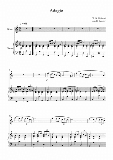 Adagio (In G Minor), Tomaso Giovanni Albinoni, For Oboe & Piano (arr. Eugene Egorov)