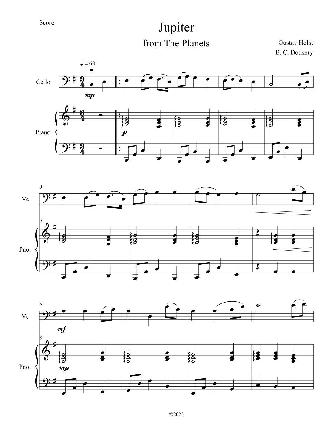 Jupiter (from The Planets) for Cello Solo with Piano Accompaniment (arr. B. C. Dockery)