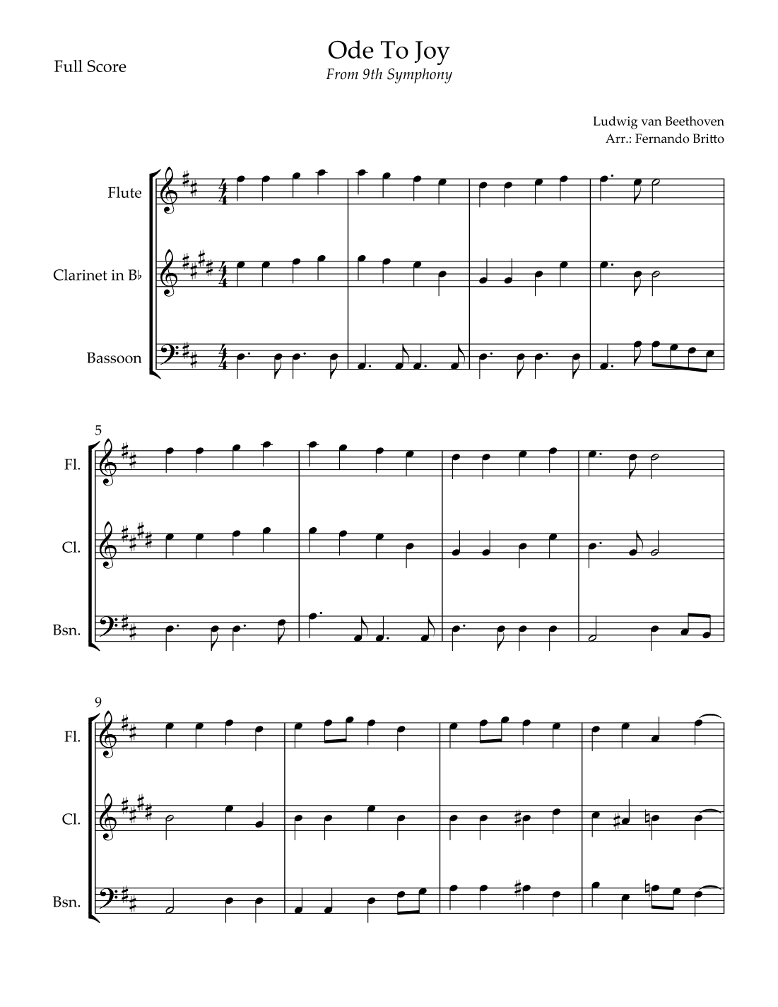 Ode To Joy (from Beethoven's 9th Symphony) for Woodwind Trio (arr. Fernando Britto)