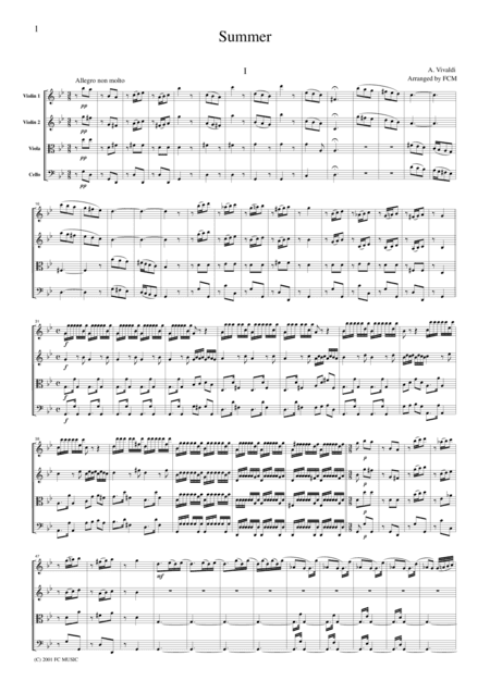 Vivaldi  Summer from the Four Seasons, all mvts., for string quartet, CV102 (arr. FCMUSIC)
