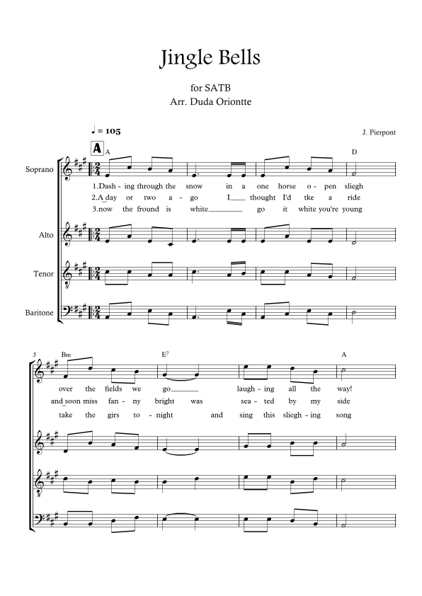 Jingle Bells (SATB - A major - with chords - no piano) (arr. Duda Oriontte)