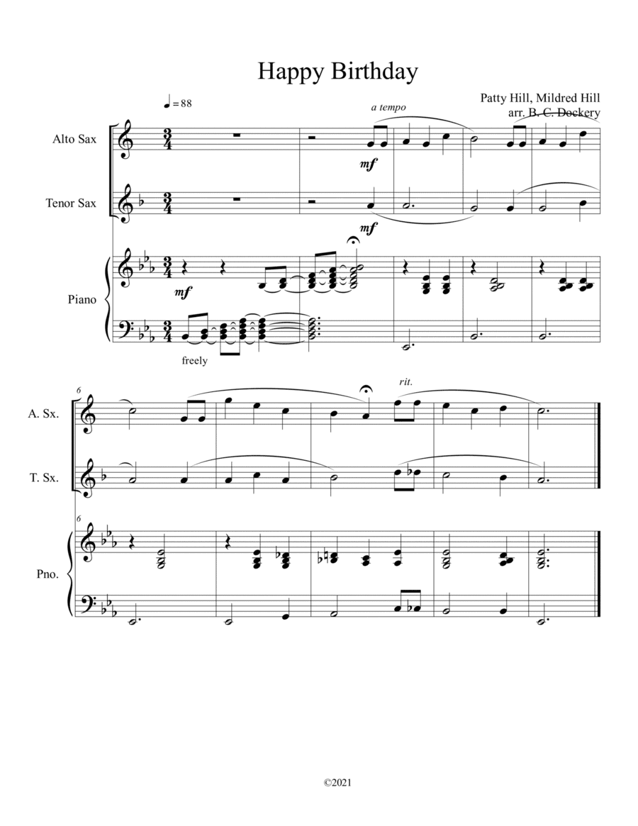 Happy Birthday (Alto and Tenor Sax Duet) with optional piano accompaniment (arr. B. C. Dockery)