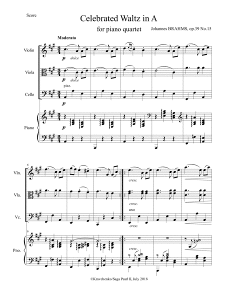 Johannes Brahms - Celebrated Waltz in A arr. for piano quartet (score and parts) (arr. Julia Samarska)