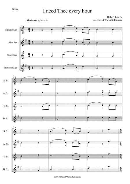 I Need Thee Every Hour for saxophone quartet (arr. David Warin Solomons)