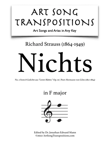 STRAUSS: Nichts, Op. 10 no. 2 (transposed to F major) (arr. ArtSongTranspositions.com)