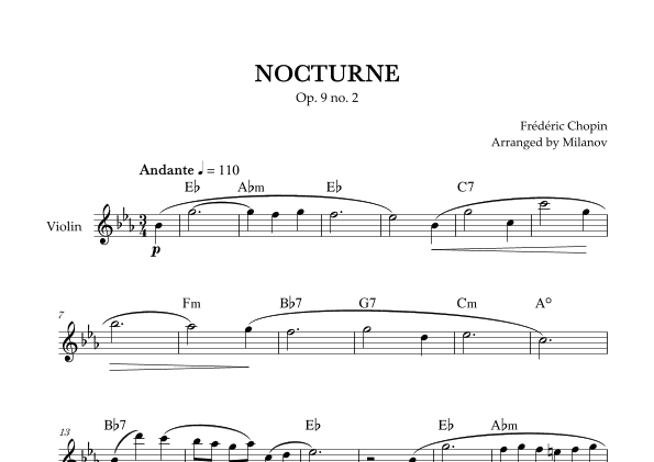 Chopin Nocturne op. 9 no. 2 | Violin | E-flat Major | Chords | Easy beginner (arr. Milanov)