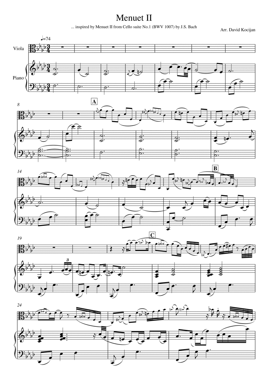 Menuet II from Cello suite No.1 (viola & piano) (arr. David Kocijan)