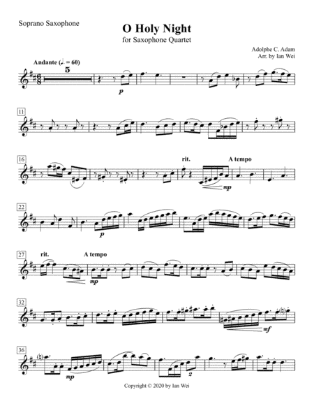O Holy Night for Saxophone Quartet (arr. Ian Wei)