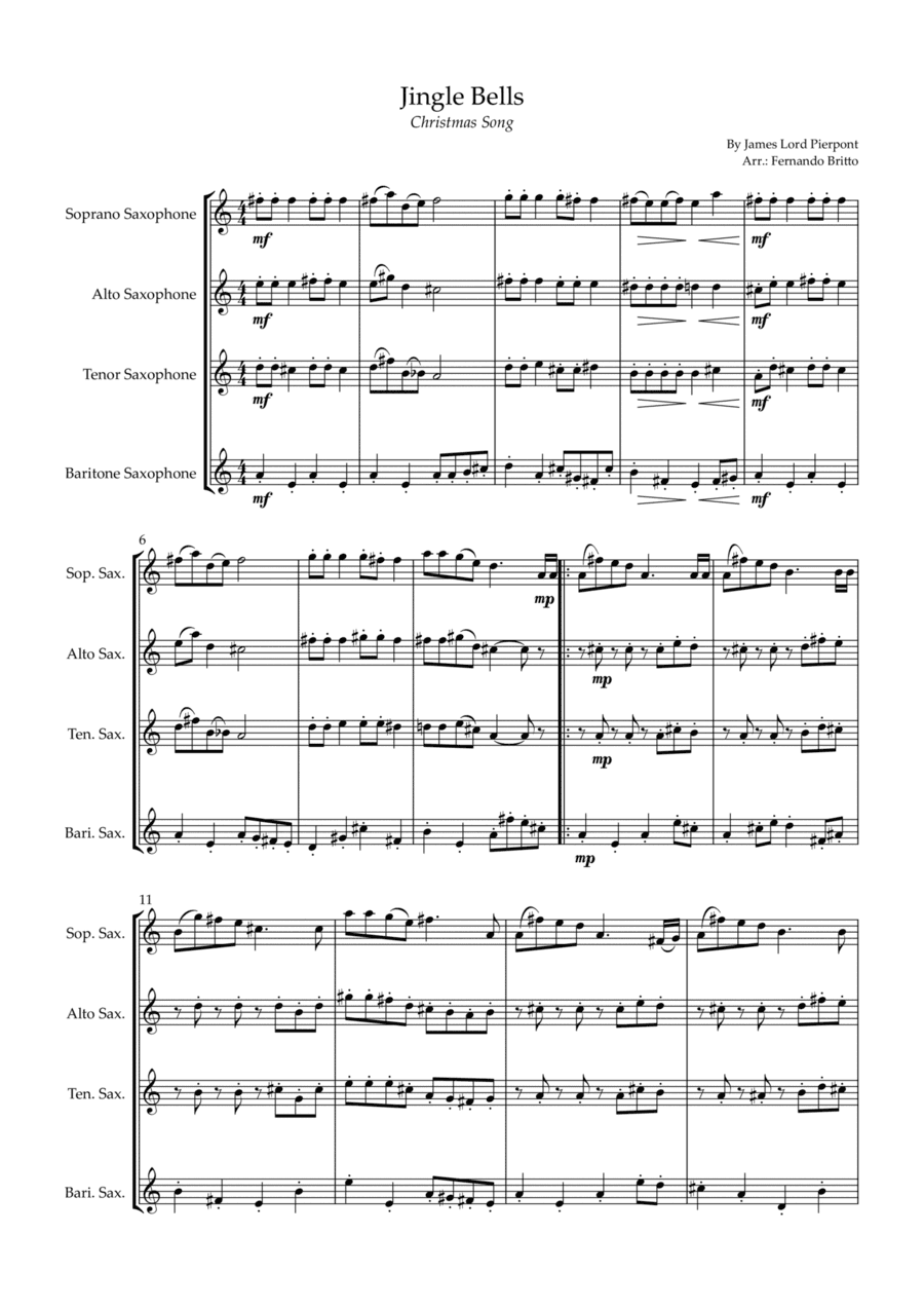 Jingle Bells (Christmas Song) for Saxophone Quartet (arr. Fernando Britto)