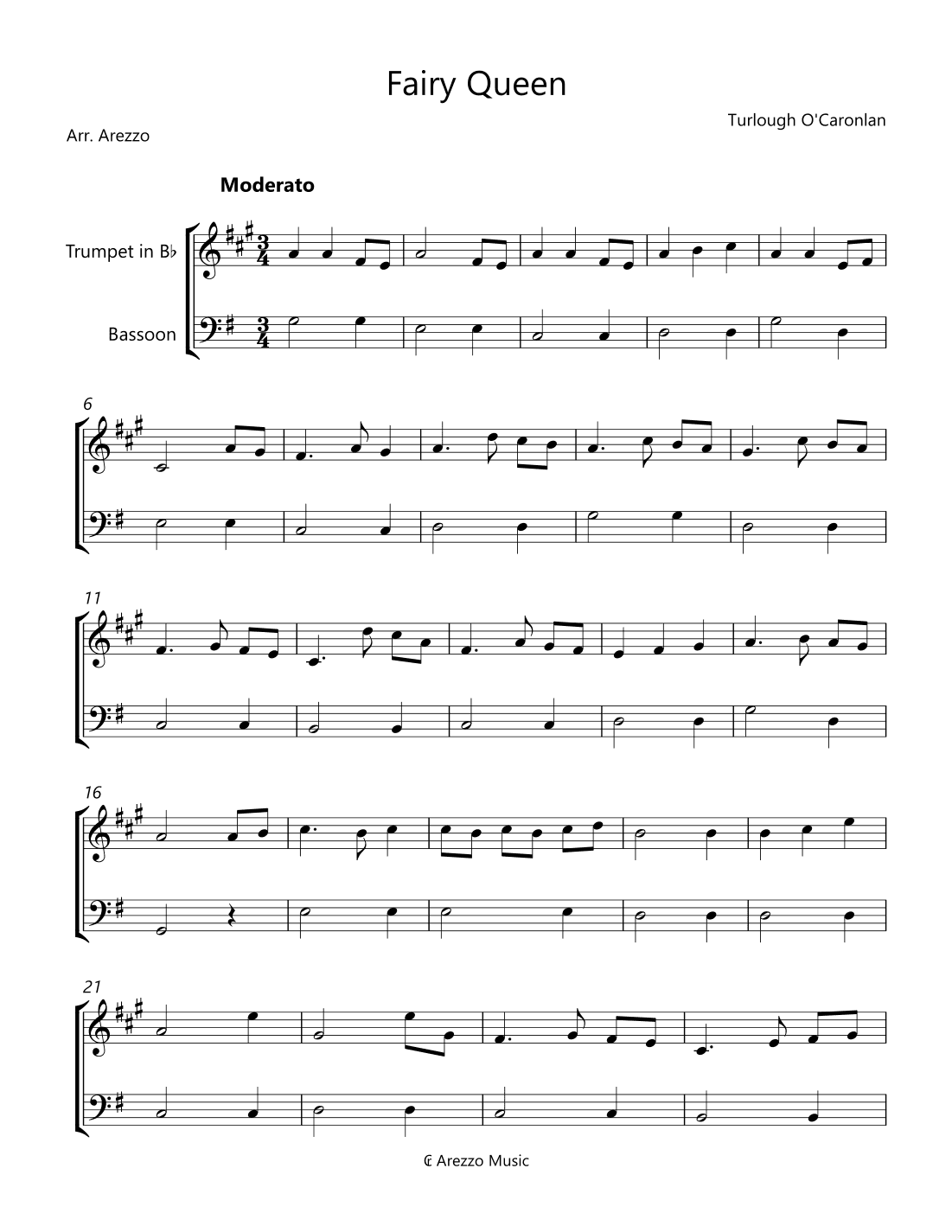 Fairy Queen Turlough'o Carolan Trumpet & Bassoon Sheet Music (arr. Arezzo Music)