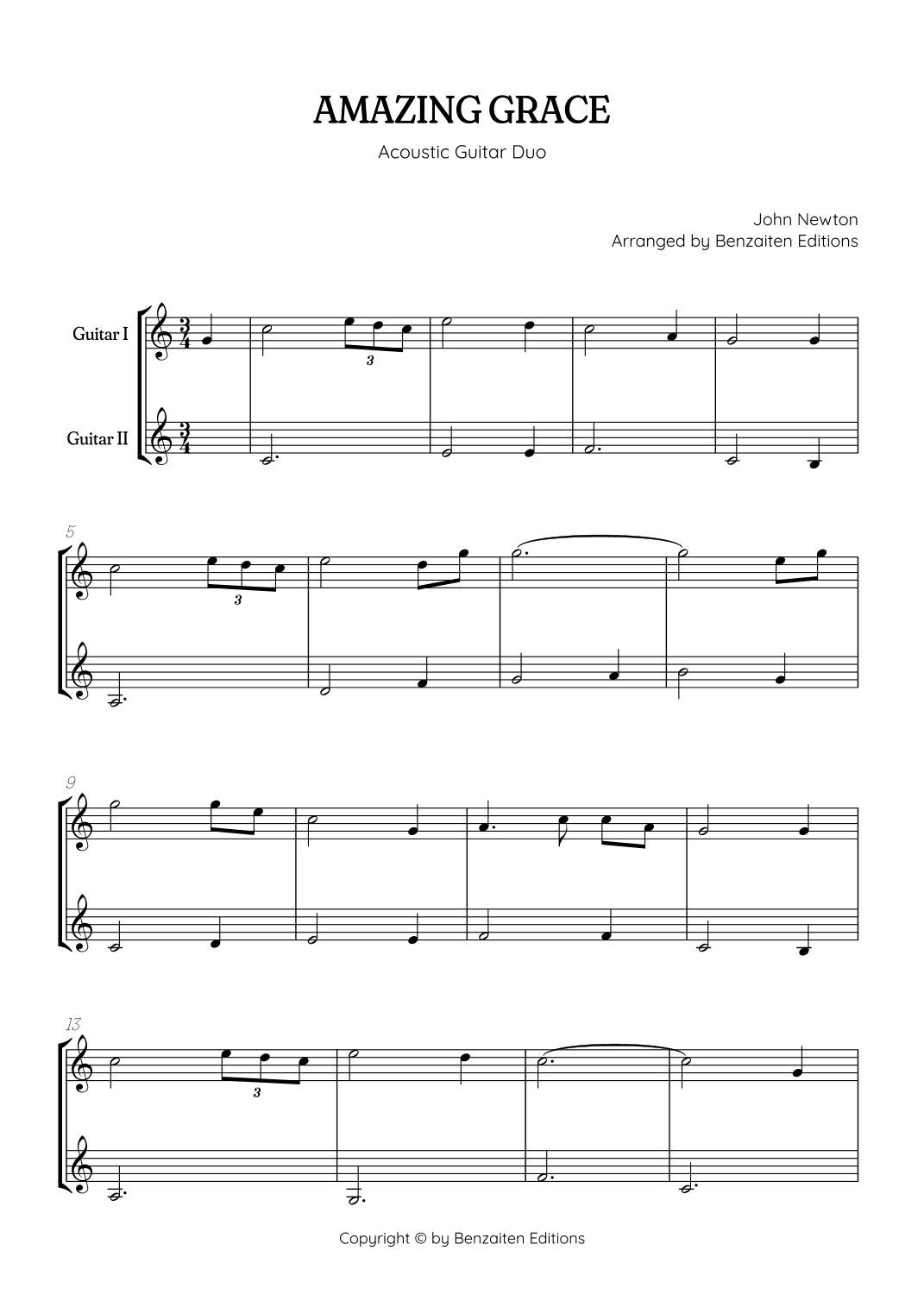 Amazing Grace • easy guitar duet sheet music (arr. Benzaiten Editions)