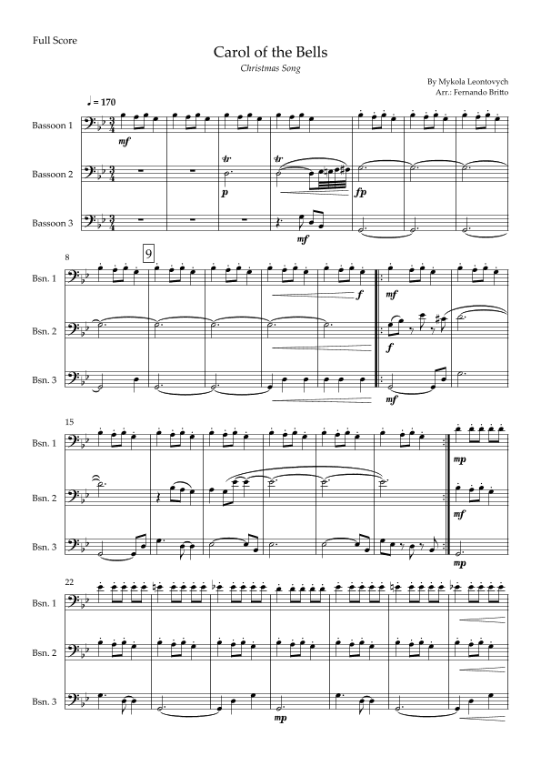 Carol of the Bells in Jazz Version (Christmas Song) for Bassoon Trio (arr. Fabio Britto)