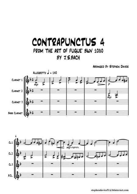 'Contrapunctus 4' By J.S.Bach BWV 1080 from 'The Art of the Fugue' for Clarinet Quartet. (arr. Stephen Davies)