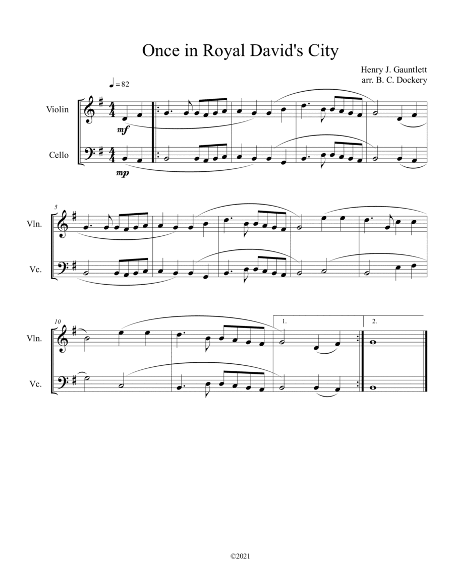 Once in Royal David's City (Violin and Cello Duet) (arr. B. C. Dockery)