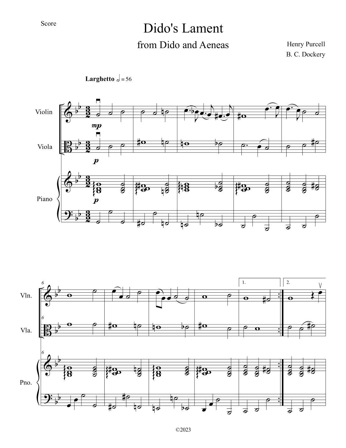 Dido's Lament (Violin and Viola Duet with Piano Accompaniment) (arr. B. C. Dockery)