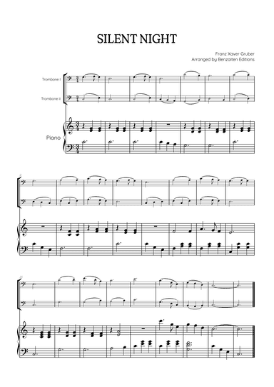 Silent Night for trombone duet with piano accompaniment • easy Christmas song sheet music (arr. Benzaiten Editions)