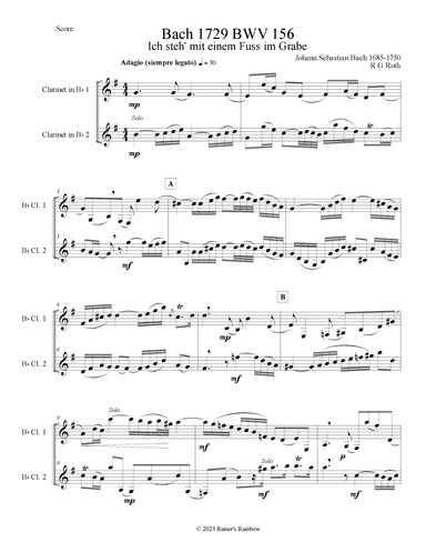 Bach 1729 BWV 156 Adagio Clarinet Duet Score and Parts (arr. R G Roth)