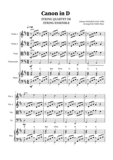 Canon in D - String Quartet and Piano (with chords) (arr. Valdir Maia)