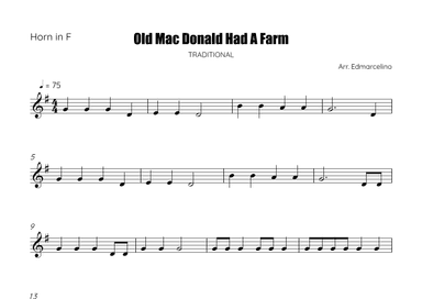 Old Mac Donald Had A Farm - Sheet Music to French Horn Beginners (arr. Edmarcelino)