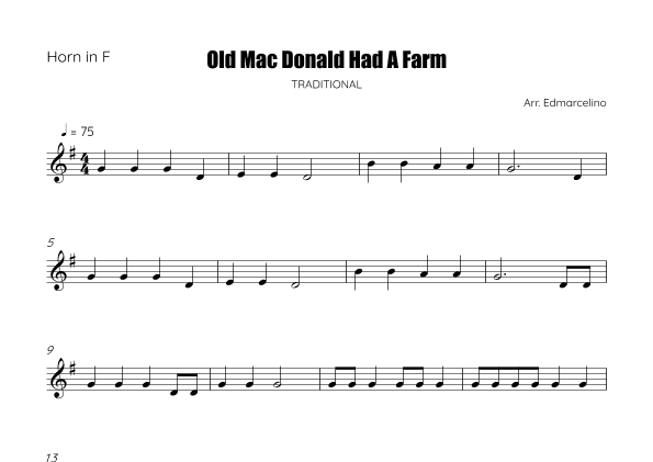 Old Mac Donald Had A Farm - Sheet Music to French Horn Beginners (arr. Edmarcelino)