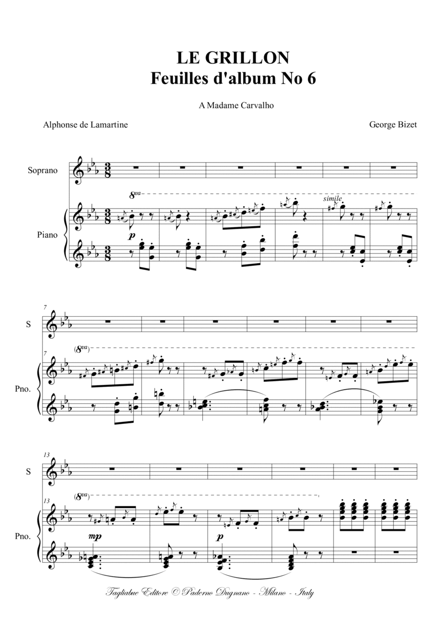 LE GRILLON - G. Bizet - For Soprano (or Mezzosoprano: alternative notation) and Piano (arr. Renato Tagliabue)
