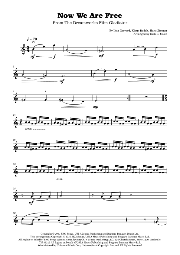 Now We Are Free (arr. Erik B. Costa)