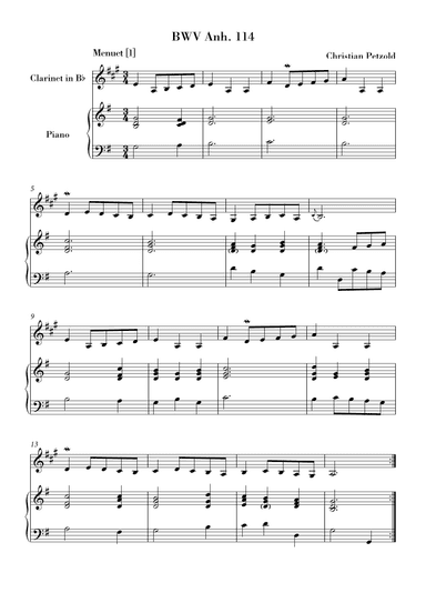Bach - Minuet in G major and G minor (BWV Anh. 114 - 115) for Clarinet in Bb and Piano (arr. Ahiva Editions)