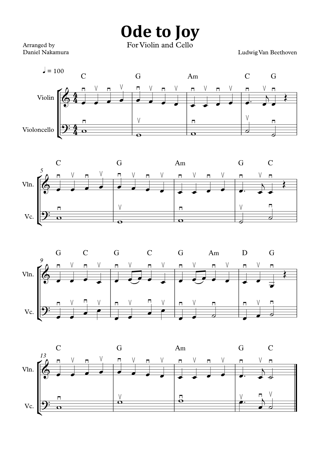Ode to Joy (Easy Violin and Cello) (arr. Daniel Nakamura)