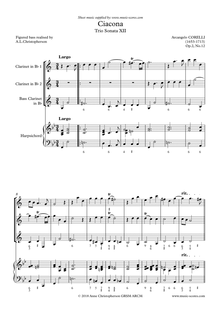 Corelli 'Ciacona' - Op.2, No.12 - 2 Clarinets, Bass Clarinet and Piano. (arr. Anne L Christopherson GRSM ARCM)