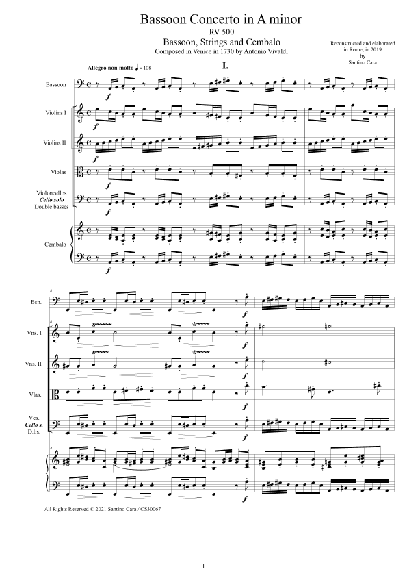 Vivaldi - Bassoon Concerto in A minor RV 500 for Bassoon, Strings and Cembalo (arr. Santino Cara)
