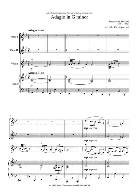 Albinoni Adagio - 2 Flutes, Violin and Piano (arr. Anne L Christopherson GRSM ARCM)
