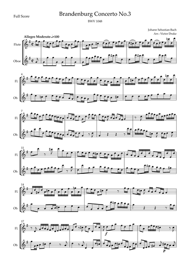 Brandenburg Concerto No. 3 in G major, BWV 1048 1st Mov. (J.S. Bach) for Flute & Oboe Duo (arr. Victor Drake)