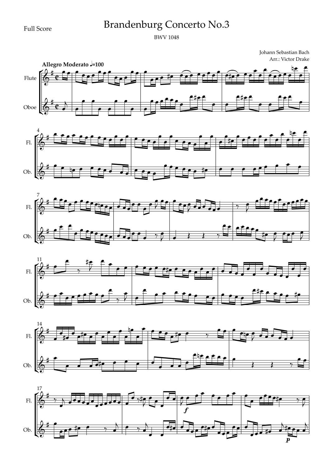 Brandenburg Concerto No. 3 in G major, BWV 1048 1st Mov. (J.S. Bach) for Flute & Oboe Duo (arr. Victor Drake)
