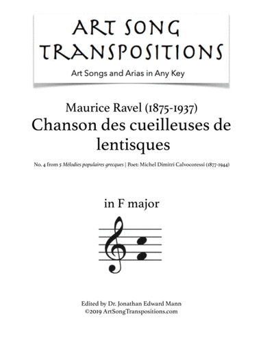 RAVEL: Chanson des cueilleuses de lentisques (transposed to F major) (arr. ArtSongTranspositions.com)