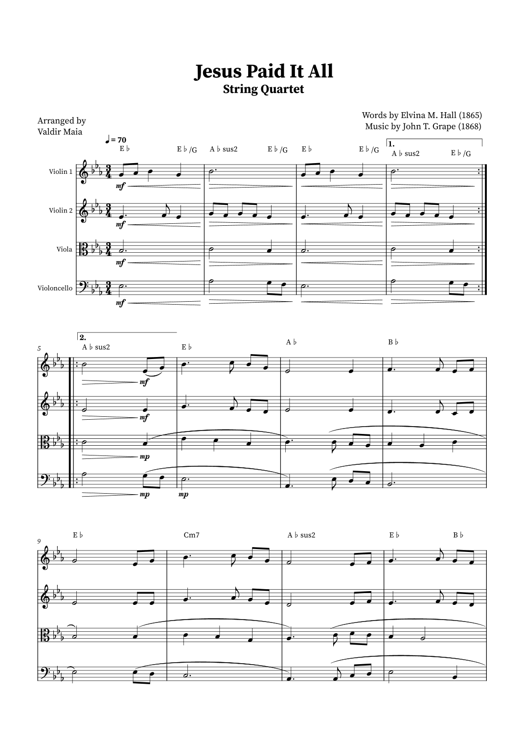 Jesus Paid It All - String Quartet (+Chords) (arr. Valdir Maia)