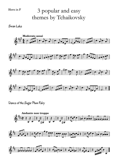 3 popular and easy themes by Tchaikovsky with accompaniment and chord symbols for Horn in F (arr. Leyandder Trustworthy)