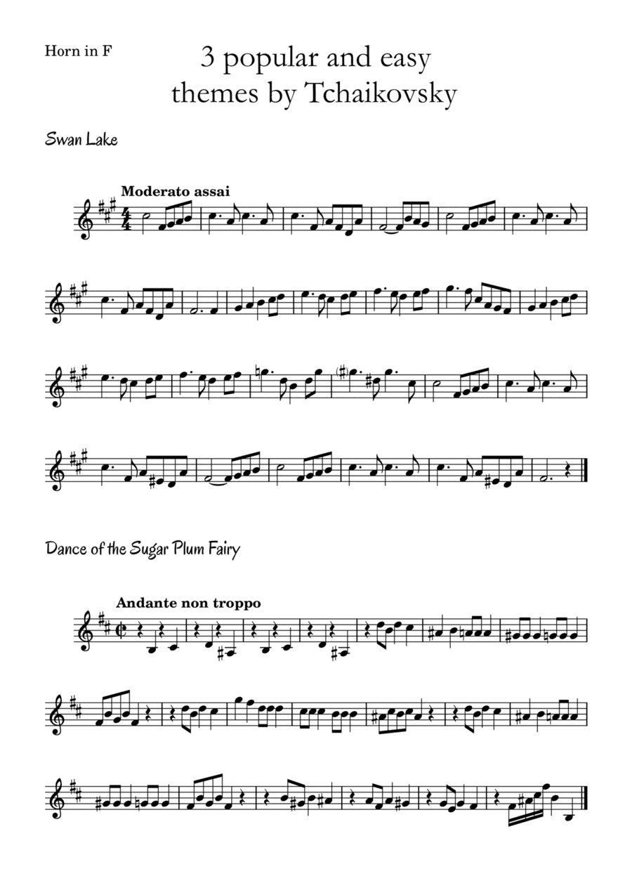3 popular and easy themes by Tchaikovsky with accompaniment and chord symbols for Horn in F (arr. Leyandder Trustworthy)