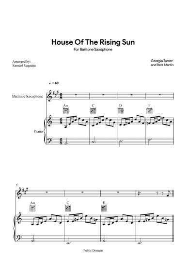 House of the Rising Sun - for Baritone Saxophone - with play along (arr. Samuel Sequeira)
