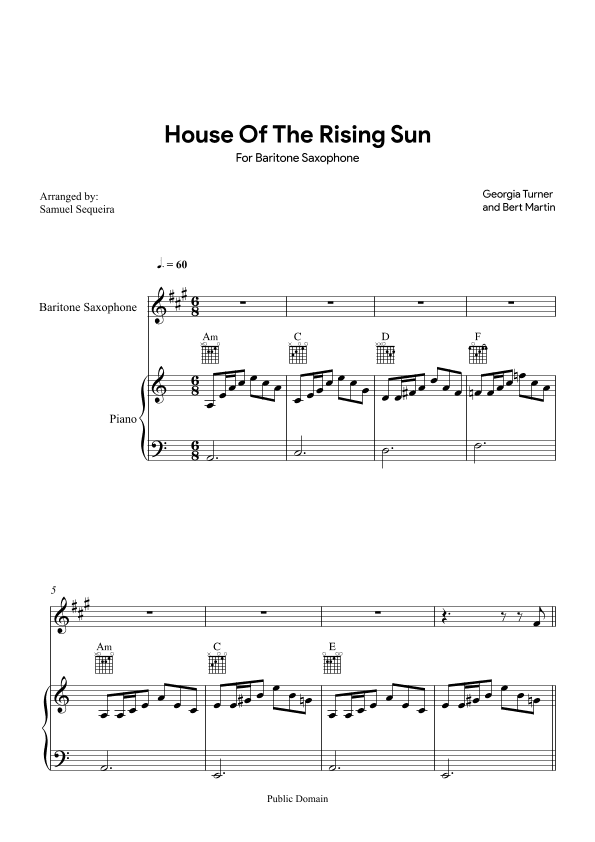 House of the Rising Sun - for Baritone Saxophone - with play along (arr. Samuel Sequeira)