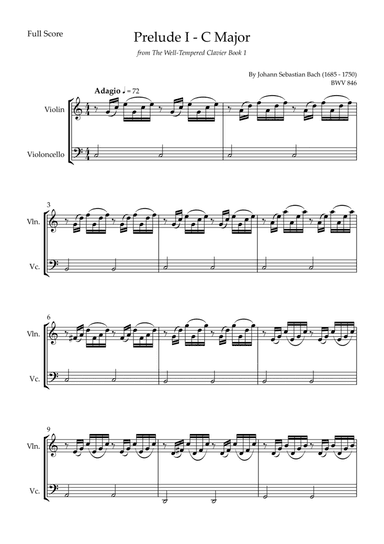 Prelude 1 in C Major BWV 846 (from Well-Tempered Clavier Book 1) for Violin & Cello Duo (arr. Fabio Britto)