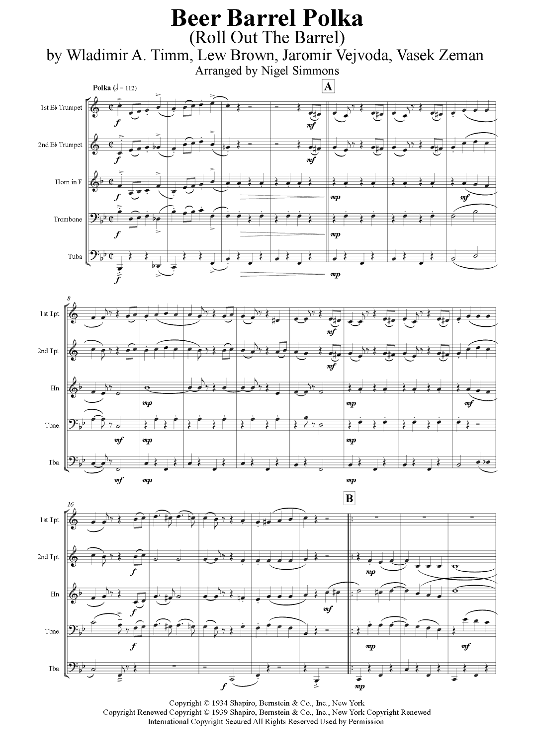 Beer Barrel Polka (roll Out The Barrel) (arr. Nigel Simmons)