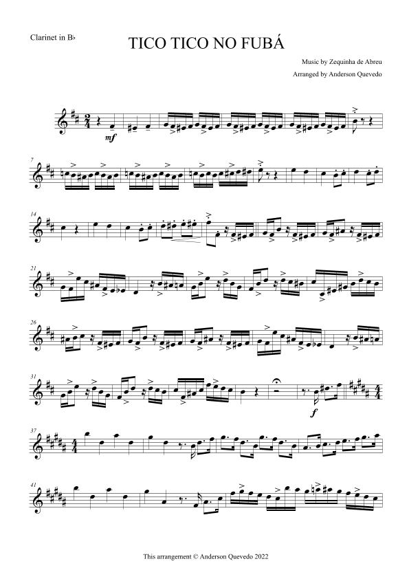 Tico Tico no Fubá by Zequinha de Abreu for Clarinet in Bb Solo (arr. Anderson Quevedo)
