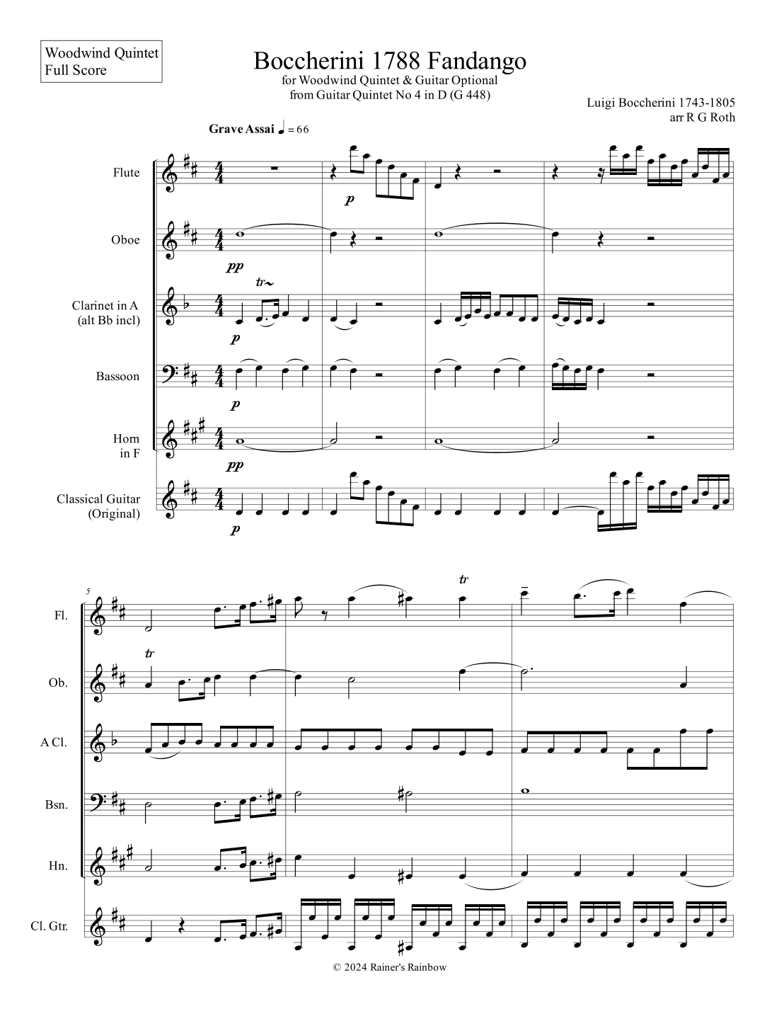 Boccherini 1788 Fanfango for Woodwind Quintet Score and Parts (arr. Rainer's Rainbow)