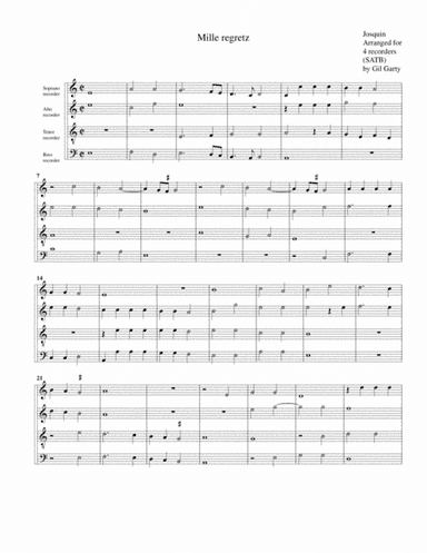 Mille regretz (arrangement for 4 recorders) (arr. Gil Garty)