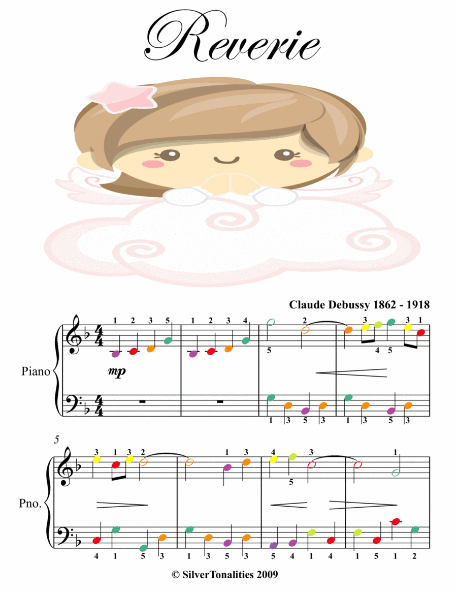 Reverie Easy Piano Sheet Music with Colored Notes (arr. SilverTonalities)